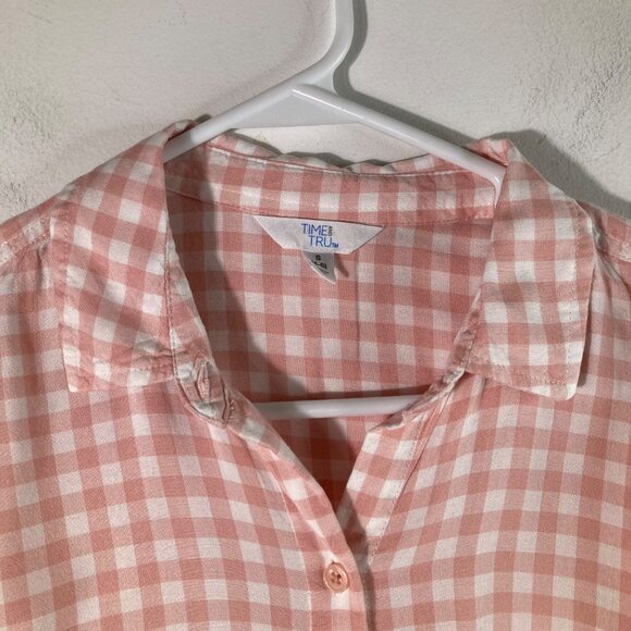 Womens Time and Tru Gingham Button Shirt Roll Tab Sleeve S Pink White Viscose - Picture 4 of 9